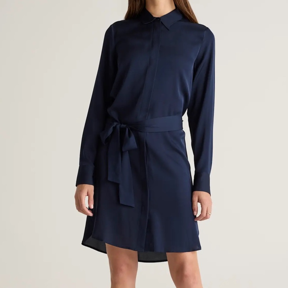 Quince Black Long-Sleeve Tie-Waist Maxi Shirt Dress (looks navy in photos)